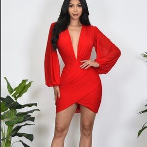 RUCHED MESH MINI DRESS RED